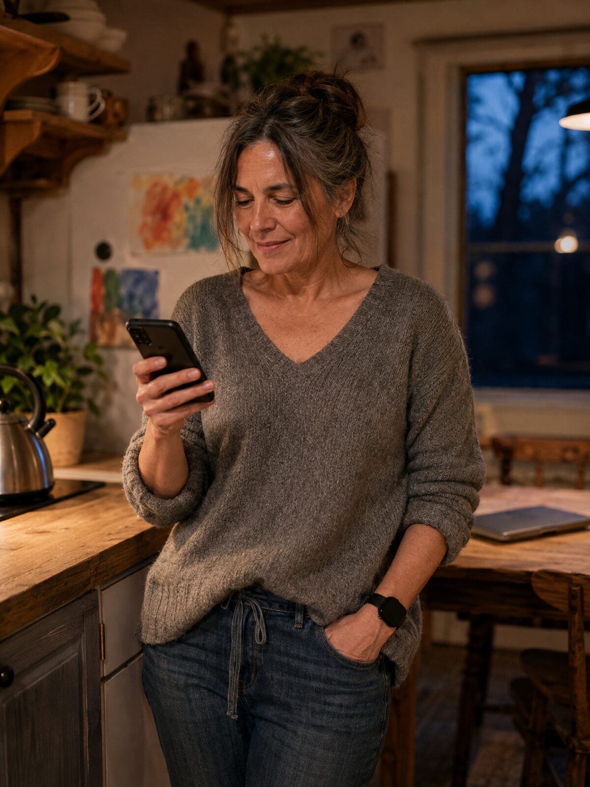 A woman in her fifties smiling at her phone in an office