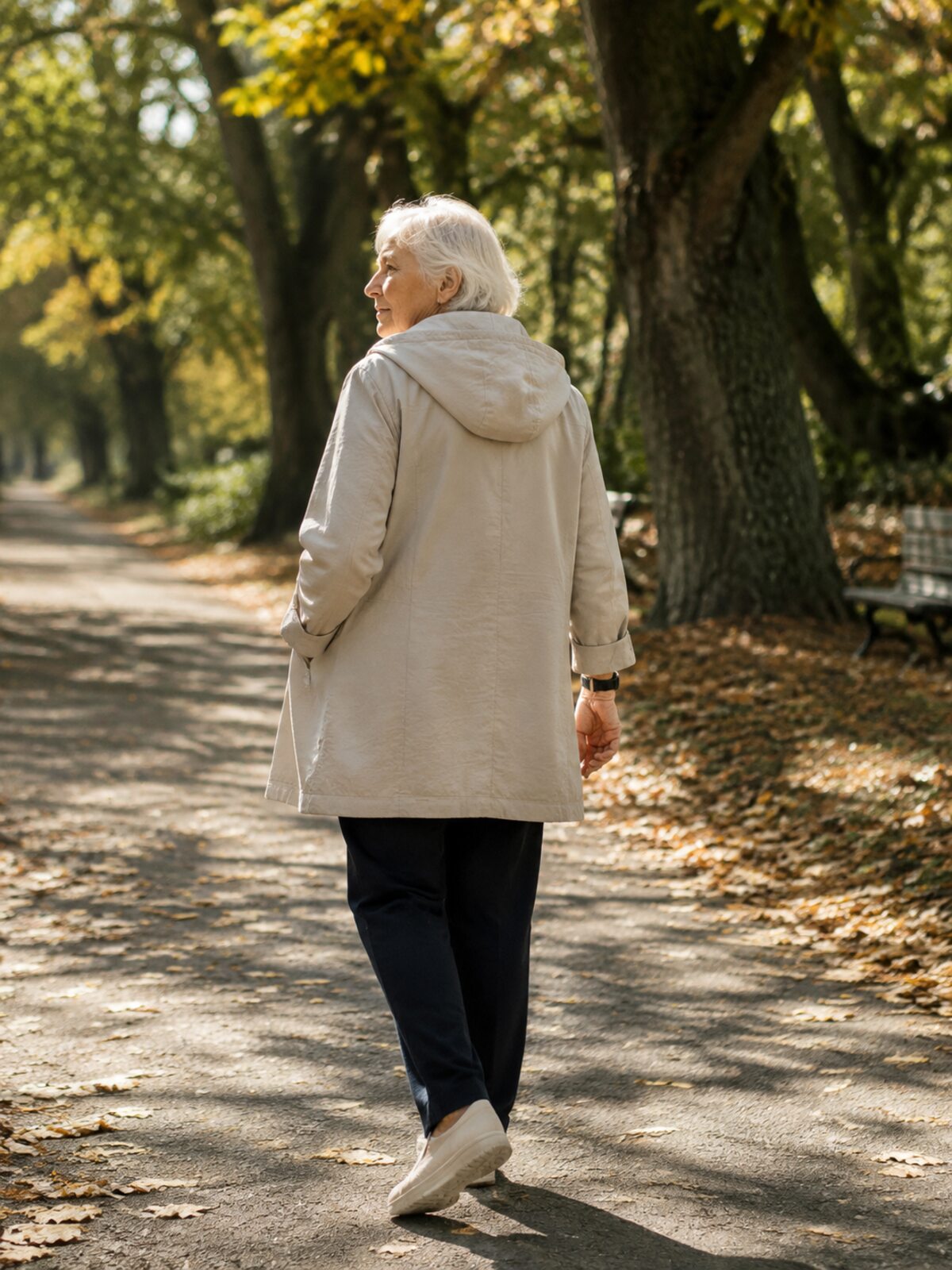 An older man walking a tree-lined path in a park