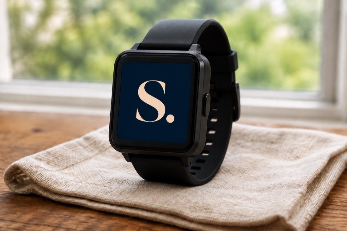 The Simone watch: a black 4G watch with a square face, resting on linen by a window